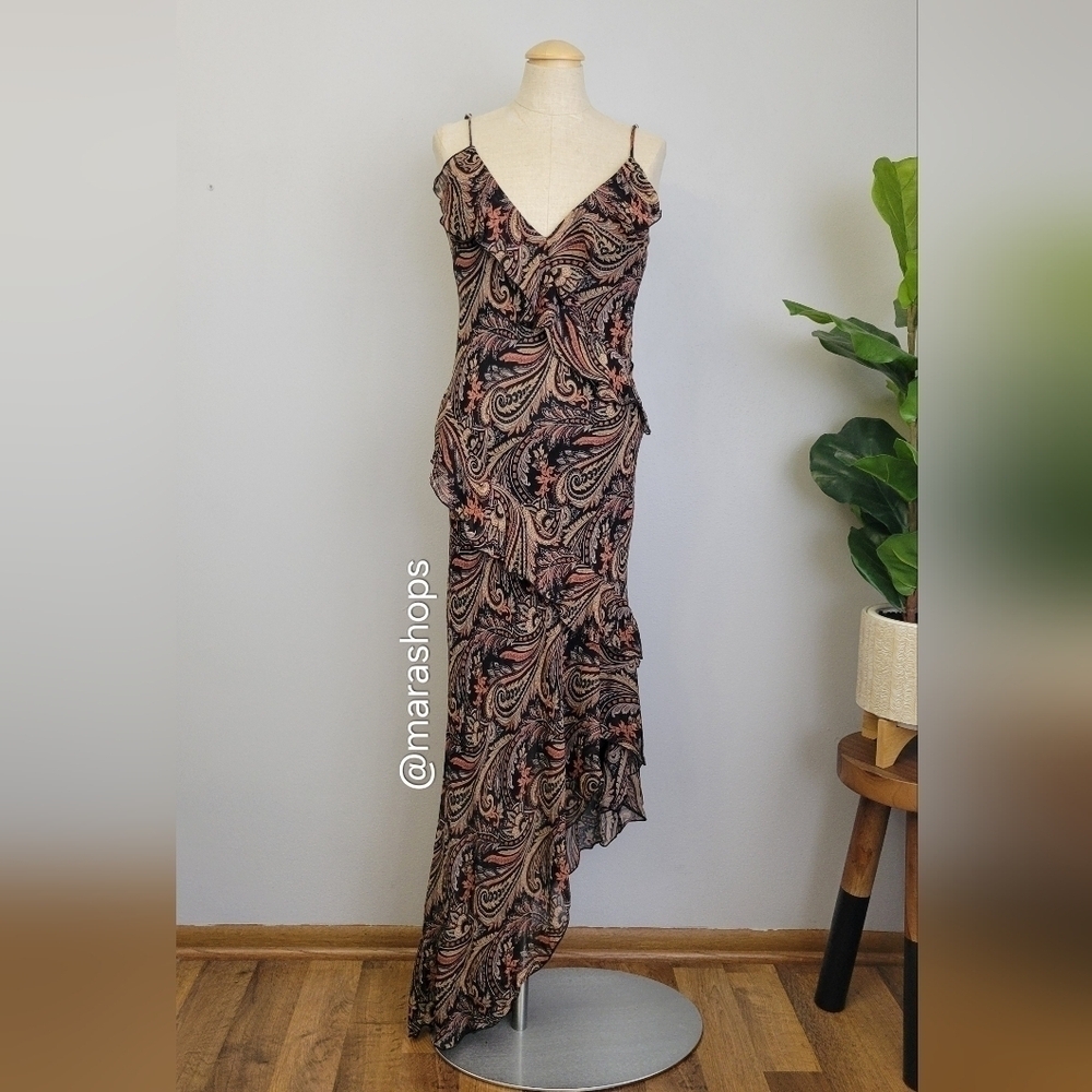 Vintage BEBE Paisley Ruffle Asymmetrical Hem Slip Y2K 00's Dress